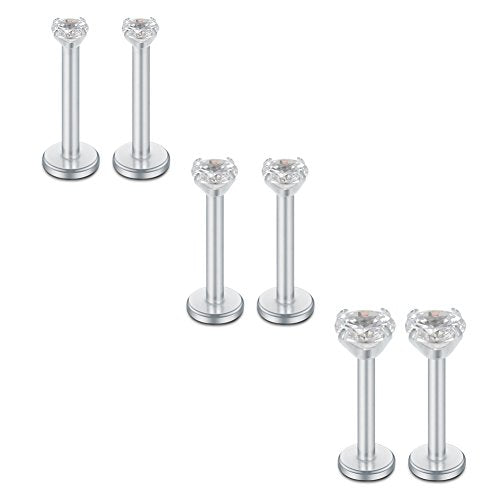 SCERRING 16G Lip Rings Clear CZ Labret Monroe Lip Ring Tragus Nail Helix Earring Stud Piercing Jewelry Bar Length 6mm 8mm 10mm - style: 6PCS - 6mm Silver