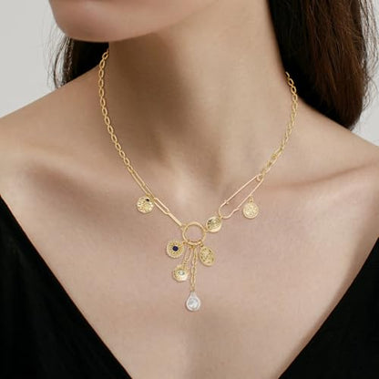 Charm Necklace for Women Gold Evil Eye Sun Moon Flower Coin Pendant Necklace Dainty Paperclip Chain Vintage Luck Amulet Choker Necklaces Celestial Jewelry Gift - style: Evil Eye,Pearl,Blue Bead