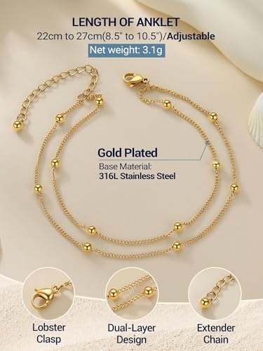 PROSTEEL Anklets for Women Waterproof, Silver/Gold/Black, Stainless Steel | Layered Anklets, Stainless Steel, Durable& No Tarnish, Summer Beach Jewelry, with Gift Box, 8-10.5" Adjustable, Plus Size - color: Gold, size: Layer Ball Station