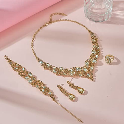 Paxuan Crystal Bridal Wedding Jewelry Sets for Women Rhinestone Teardrop Crystal Statement Choker Necklace Drop Earrings Link Bracelets Rings Teardrop Jewelry Set for Brides Bridesmaids - color: Champagne