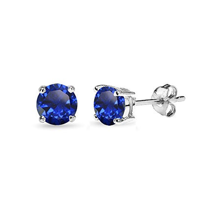 Sapphire Earrings for Women Sterling Silver Trendy Round-Cut Created Blue Gemstone Solitaire Studs for Men Bridesmaids Prom Gift - color: 5mm - Sterling Silver