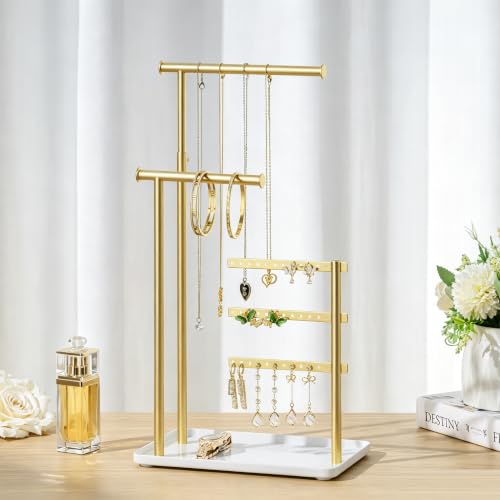 susswiff Jewelry Holder Organizer Stand - Adjustable Tall 17.5" (Max), Sturdy Jewelry Hanger for Necklaces, Earrings, Bracelets, Rings, Jewlery Display and Storage, Gold and White, Metal - color: Gold