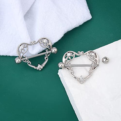 14G Heart Nipple Rings for Women Surgical Steel CZ Nipple Piercings Nipple Barbells Nipple Bars Gold Silver Rose Gold - color: Silver
