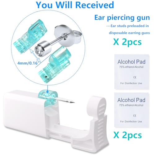 Ear Piercing Kit - Disposable Piercing Gun Preloaded with Different Style 4 mm Studs, at Home Self Piercer Kit (Classic White Diamond) - color: Classic White Diamond