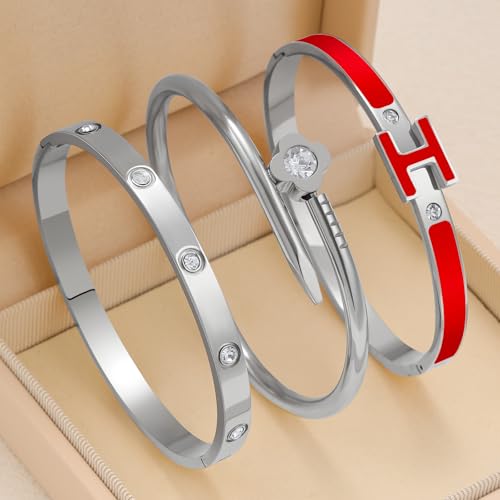 3Pcs Gold Bracelets for Women 14K Gold Plated Love/H/Nail Bangle Bracelet Dainty Non Tarnish Bracelet Jewelry Christmas Mothers Day Gifts for Women - color: 3Pcs Silver/Red H bracelet