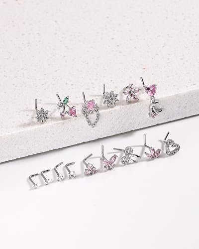 BSJ4U Nose Rings L Shaped for Women Nose Piercings 20G Surgical Stainless Steel Nose Studs CZ Heart Butterfly Flower Cherry Bow Moon Dangle Nose Piercing Jewelry - color: Silver Pink Nose Rings
