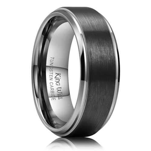 King Will Mens Brushed Wedding Band, Two Tone Matte Step Edges/Pipe Cut, Tungsten Carbide Anniversary Promise Rings Comfort Fit - color: Black&Gunmetal-8mm