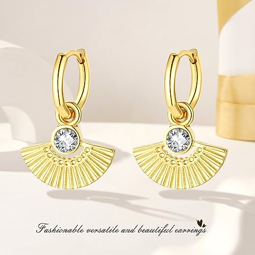 Gold Small Hoop Earrings for Wome | 14K Gold Plated Dainty Small Huggie Earrings S925 Sterling Silver Post Lightweight Drop/Dangle Huggie Earrings - color: Fan Shape