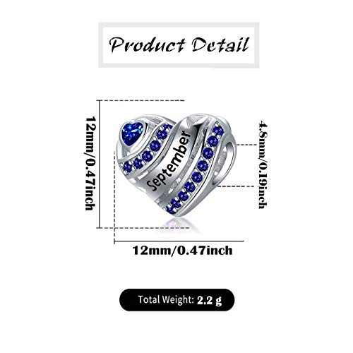 COMORE Birthstone Heart Charms for Charms Bracelet-925 Sterling Silver Love Heart Bead Charms for Bracelets and Necklaces, Birthday Gifts for Women. - style: September