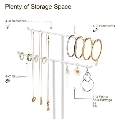 pickpiff Necklace Holder Jewelry Organizer Stand – 2‑Tier T‑Bar Jewelry Display Tree with Tray for Countertop Necklace Bracelet Earring Storage, Vanity Dresser Bathroom Sink, White - color: White