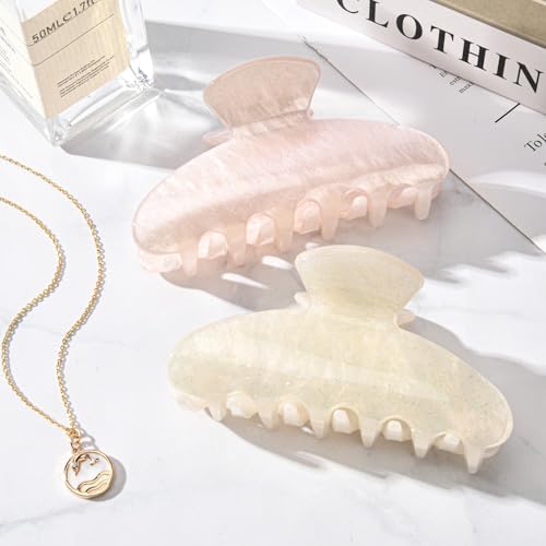 Aileam Acetate Hair Claw Clips for Women,Pink Beige hair clip French Design Strong Hold Non-Slip claw clips for Thick Hair, 2 Pack - color: Ivory & Pink Glitter