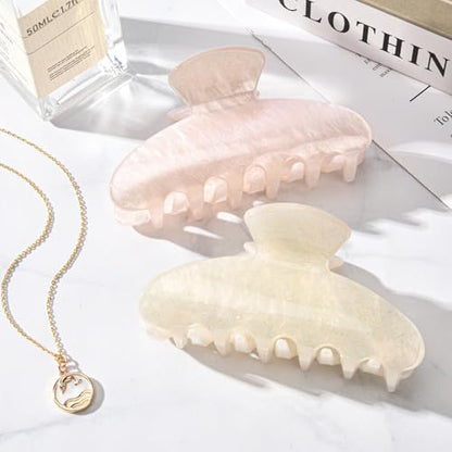 Aileam Acetate Hair Claw Clips for Women,Pink Beige hair clip French Design Strong Hold Non-Slip claw clips for Thick Hair, 2 Pack - color: Ivory & Pink Glitter