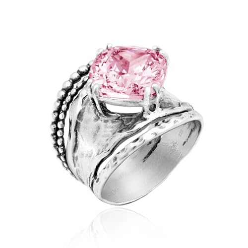 JEAN RACHEL JEWELRY 925 Sterling Silver Prong Solitaire Ring | Raised crown engagement style ring mounting a precision faceted brilliant Cubic Zirconia solitaire over stacked silver rows. - color: Pink CZ