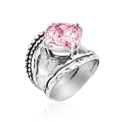 JEAN RACHEL JEWELRY 925 Sterling Silver Prong Solitaire Ring | Raised crown engagement style ring mounting a precision faceted brilliant Cubic Zirconia solitaire over stacked silver rows. - color: Pink CZ
