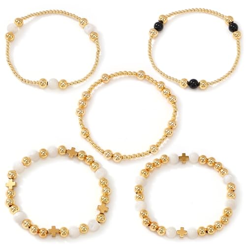 5Pcs Stack Gold Plated Ball Beaded Bracelets Set for Women, Boho Handmade Colorful Glass Pearl Stretch Accessories Jewelry, Summer Beach Daily Wear Holiday Friendship Gift - color: Freshwater Pearl