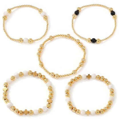 5Pcs Stack Gold Plated Ball Beaded Bracelets Set for Women, Boho Handmade Colorful Glass Pearl Stretch Accessories Jewelry, Summer Beach Daily Wear Holiday Friendship Gift - color: Freshwater Pearl