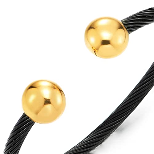 COOLSTEELANDBEYOND Elastic Adjustable Stainless Steel Cuff Bangle Bracelet for Mens Womens - color: J-Metal Color: Black & Gold
