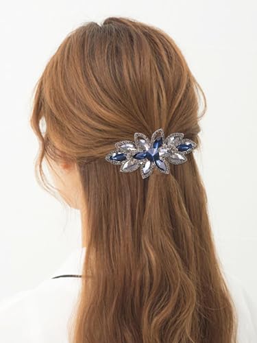 Floral Rhinestone Hairpin Luxury Crystal Flower Hair Barrette Clip (Gray-Blue) - color: Gray-Blue
