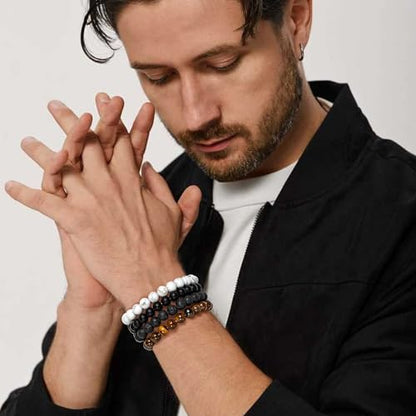Mens Bead Bracelet Set - Adjustable Elastic Rope With 6&8MM Natural Stone Multi-Colored Beads - Tiger Eye Bracelets for Men - Gift - style: 4,white,black,tiger eye bracelet