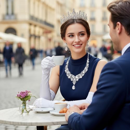 Tondiamo Bridal Jewelry Accessories Set Wedding Crystal Tiaras Crown Teardrop Necklace Earrings Satin Gloves for Women Queen Princess Birthday Prom Pageant Wedding Party - color: White