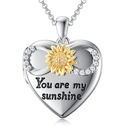 SOULMEET 10K 14K 18K Solid White Gold/Silver Minimalist Style/Infinity Sunflower Heart/Oval Locket Necklace That Holds 1 or 2 Pictures Personalized Photo Locket Necklace Letters Engraving - style: D-Infinity sunflower locket only
