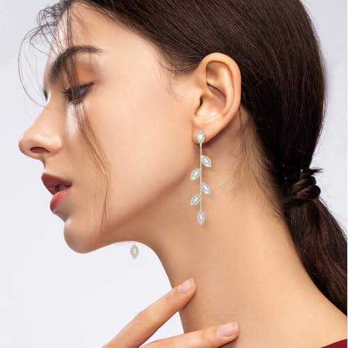 Gold/Silver Clip on Earrings Non Pierced for Women - 14K Gold Plated Long Tasse Drop Dangle Clip Earrings - Cubic Zirconia Leaf Earrings for Women Gold Wedding Jewelry Gifts - color: Gold -tone
