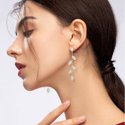 Gold/Silver Clip on Earrings Non Pierced for Women - 14K Gold Plated Long Tasse Drop Dangle Clip Earrings - Cubic Zirconia Leaf Earrings for Women Gold Wedding Jewelry Gifts - color: Gold -tone