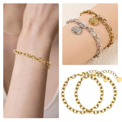 UMAOKANG Gold Plated Stainless Steel Bracelet Chains for Jewelry Making | 10PCS Thick Cable Hand Chains Bracelets Set PVD Gold Plating Permanent Jewelry Chain - color: 10pcs Cable Gold
