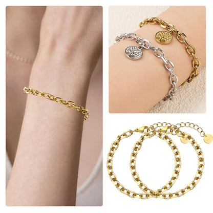 UMAOKANG Gold Plated Stainless Steel Bracelet Chains for Jewelry Making | 10PCS Thick Cable Hand Chains Bracelets Set PVD Gold Plating Permanent Jewelry Chain - color: 10pcs Cable Gold