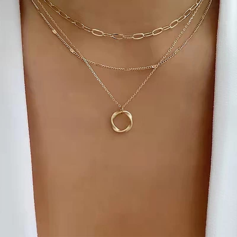 18K Gold Plated Triple Layered Necklace for Women, Multi-Strand Choker with Twisted Eternity Circle Pendant, Elegant Link and Dainty Chain Jewelry for Professional Outfits and Modern Fashion Accents