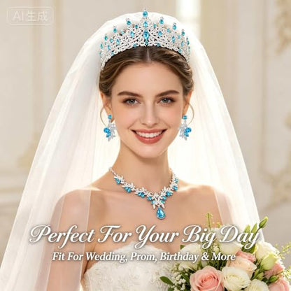 Kamirola Tiaras and Crowns for Women,Tiaras Earrings Necklace, Crystal Bridal Jewelry Set, Costume Jewelry for Women Party Halloween Prom Pageant - color: Silver Lace Blue