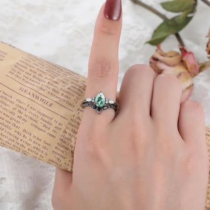 Moss Agate Bridal Wedding Rings Set for Women 925 Sterling Silver | Plated Platinum/Black Gold, Gothic, Vintage, Engagement Promise Ring, Anniversary Valentine Day Birthday Gift for Her - style: Black Gold Plating Cluster Ring