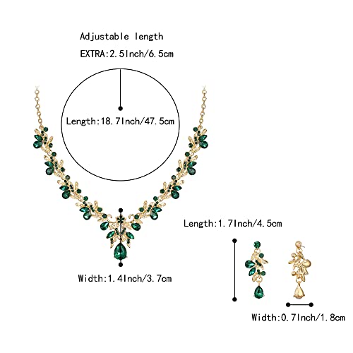 Women's Wedding Jewelry Set Leaf Flower for Bridal Prom Party | Stunning Crystal Teardrop Marquise Cluster Pendant Necklace Dangle Earrings Set for Bride Bridesmaid - color: 01-Emerald Color