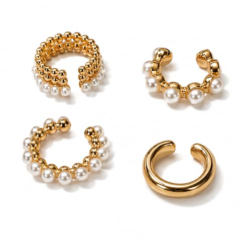 4 Pcs Women’s Clip-On Ear Cuff Set, Luxury Old Money Style Faux Pearl Earrings, Irregular Bohemian Statement Ear Cuffs, Elegant Jewelry for Daily Wear, Vacation, Date, Wedding, Banquet & Party, surprise Girlfriend,Friends for Birthdays & Holidays - color: