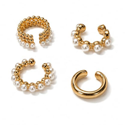 4 Pcs Women’s Clip-On Ear Cuff Set, Luxury Old Money Style Faux Pearl Earrings, Irregular Bohemian Statement Ear Cuffs, Elegant Jewelry for Daily Wear, Vacation, Date, Wedding, Banquet & Party, surprise Girlfriend,Friends for Birthdays & Holidays - color: