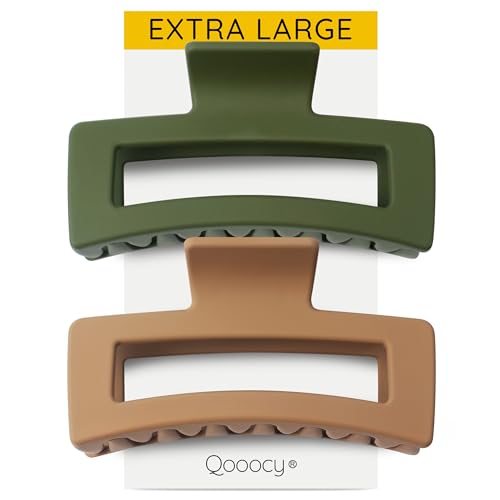 XXL Jumbo Rectangle Claw Clips for Thick Hair - Strong Hold Hair Clips | Rectangle Design | Matte Finish | Non Slip | Wide Opening | 2 Pack (Green & Khaki) - color: Green & Khaki