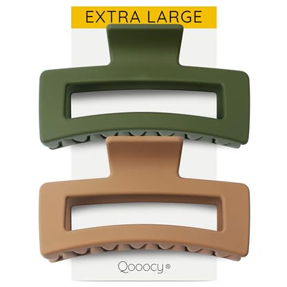 XXL Jumbo Rectangle Claw Clips for Thick Hair - Strong Hold Hair Clips | Rectangle Design | Matte Finish | Non Slip | Wide Opening | 2 Pack (Green & Khaki) - color: Green & Khaki