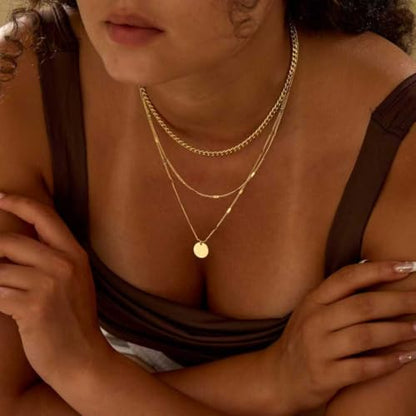 Gold Layered Necklaces for Women, 14K Gold Plated Paperclip Snake Chain Necklace Set, Dainty Coin Cross Tear Pendant Layering Choker Necklaces, Simple Trendy Stackable Jewelry Gifts - color: 3PCS / Coin & 2 Chains