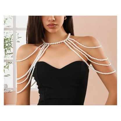 Summer Bikini Mulit-layered Bead Shoulder Body Chain Jewelry Festival Rave Pearl Neck Chain Sexy Bridal Wedding Pearl Shoulder Arm Body Chain Jewelry for Women