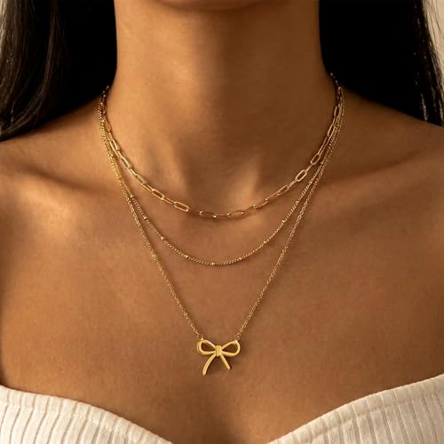 Layered Bow Necklace for Women, 18K Gold Plated Dainty Necklaces Set Stackable Pendant Trendy Cute Choker Jewelry Gift for Her