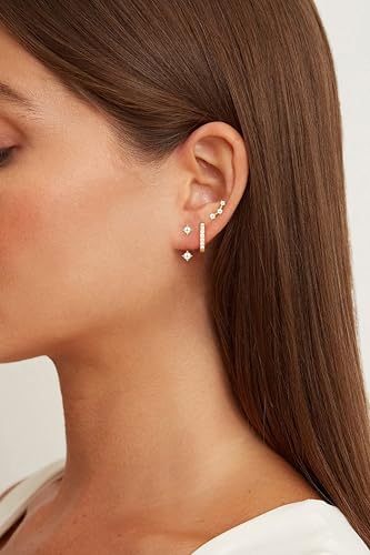 3 Pairs Dainty Small Earrings Set for Women Trendy, Birthstone Stud Huggie Hoop Jacket Stack for Cartilage Helix, Gold Plated Hypoallergenic Cute Women Fashion Accessories Western Jewelry Gifts - color: Created Pearl-Gold