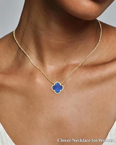 Clover Jewelry Set 3 PC - 18K Gold Plated Stainless Steel Y Necklace Four Leaf Pendant, Clover Bracelet Charm, 4leaf Earrings, Hypoallergenic Non-Tarnish, Lucky Jewelry Gifts for Women Mom - color: Navy Blue/Gold