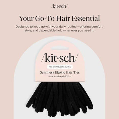 Kitsch Elastic Hair Ties No Damage | Stretchable Hair Bands - Black, 20pcs | Strong All-Day Hold Hair, Rubber Bands For Hair, Ponytail Holders | Hair Accessories for Everyday Use - color: Black Thin (Pack of 20)