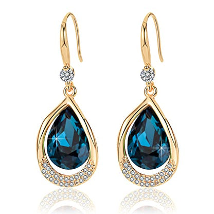 Austrian Crystal Halo Teardrop Hollow Drop Dangle Earrings for Women 14K Rose Gold Plated Hypoallergenic Jewelry Gifts - color: Dark Blue