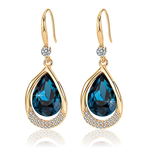 Austrian Crystal Halo Teardrop Hollow Drop Dangle Earrings for Women 14K Rose Gold Plated Hypoallergenic Jewelry Gifts - color: Dark Blue