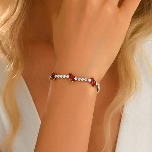 18K Gold Plated Cubic Zirconia Tennis Bracelet for Women Sparkling Stackable Stainless Steel Jewelry Hypoallergenic Tarnish Resistant Bridal Gift - color: Red Baguette CZ-Gold
