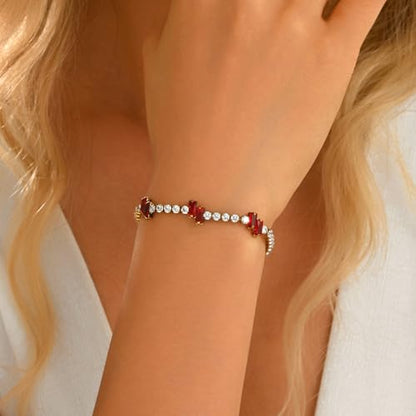 18K Gold Plated Cubic Zirconia Tennis Bracelet for Women Sparkling Stackable Stainless Steel Jewelry Hypoallergenic Tarnish Resistant Bridal Gift - color: Red Baguette CZ-Gold