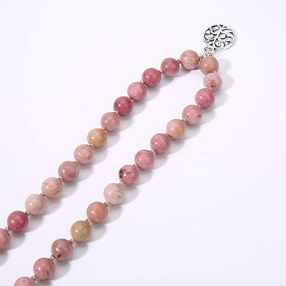108 Mala Beads Necklace Semi-Precious Gem Stones Meditation Necklace 108 Hand Knotted Japa Mala Beaded Tassel Necklace with Tree of Life Pendant - color: Natural Rhodonite