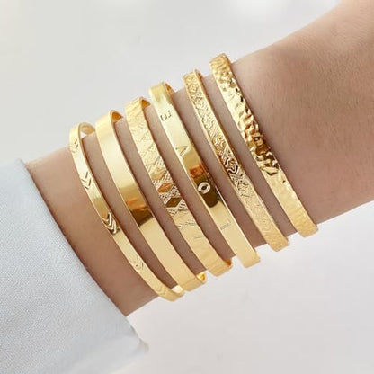 Golden Bangle Bracelets Set for Women, 14k Gold-Plated Multi Layer Stackable Cuff Bracelets, Personalized Boho Non Tarnish Adjustable Bangle Jewelry Gift for Her - color: 6PCS Love
