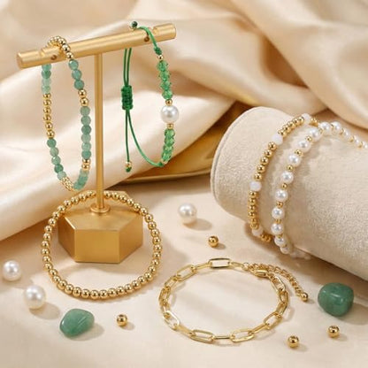 5Pcs Stack Gold Plated Ball Beaded Bracelets Set for Women, Boho Handmade Colorful Glass Pearl Stretch Accessories Jewelry, Summer Beach Daily Wear Holiday Friendship Gift - color: Green Gold